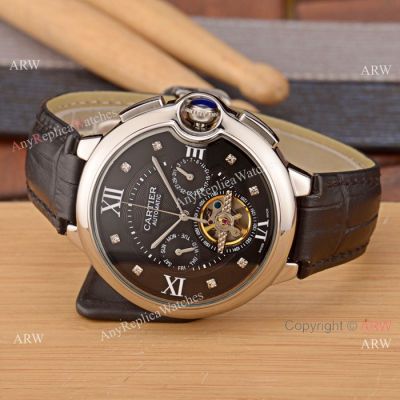 Fake Cartier Grande Complication watch SS Black Leather Band